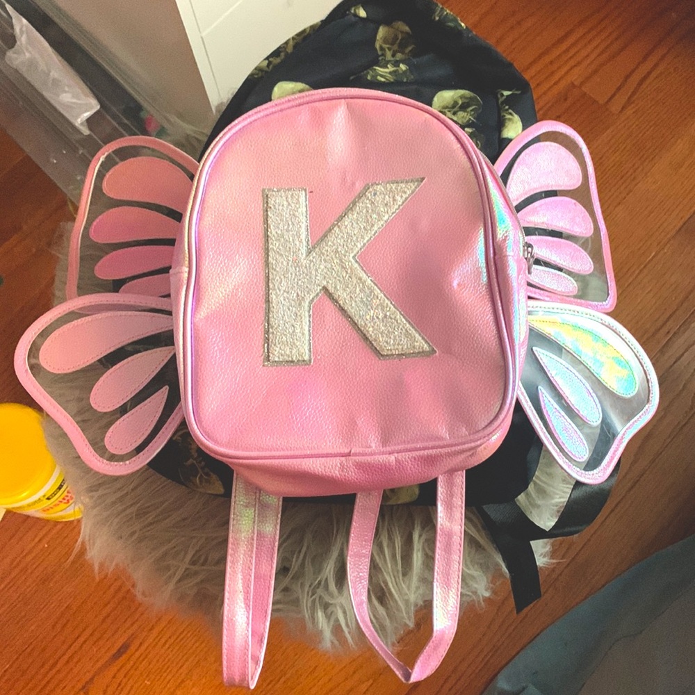 K initial butterfly pink back pack